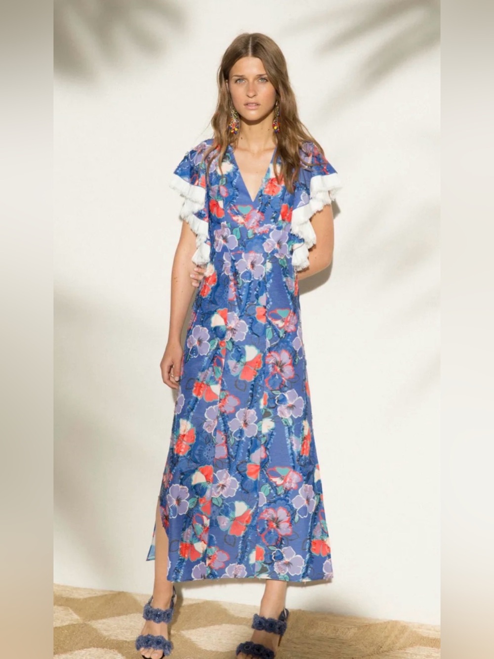 Tory Burch Natalie Blue Floral V-Neck resort 2017 Dress size 12